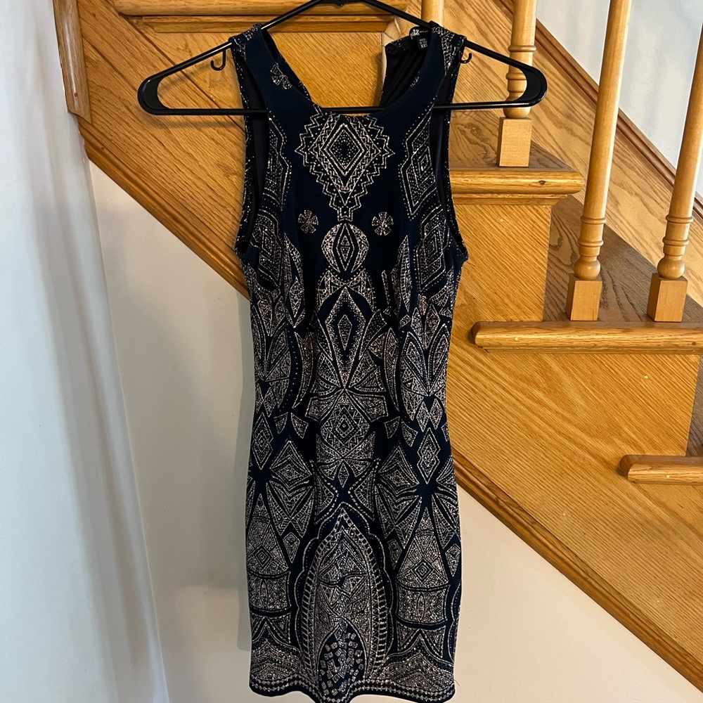 Beautiful Navy with rose sparkle dress.  Form fitting, worn once for a wedding.